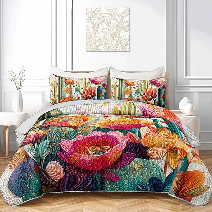 AILONEN Cactus Quilt Full Size Bedding Set & 2 Pillowcases,Colorful Floral Plants Bedspread Coverlet,3Pcs Desert Botanical Quilt Set for Boys Girls,All Season