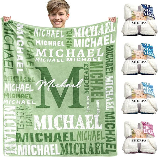 Personalized Blankets for Teen Boys Girls - Printed in USA Custom Blanket with Kid Names Reversible Plush Ultra-Soft Sherpa Fleece Monogrammed Baby Throw Blankets Customized Birthday Gifts for Adults