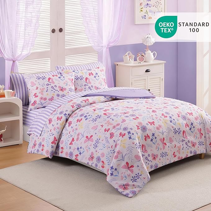 Full Size Comforter Sets for Girls, Butterfly Botanical Flowers Bedding Set, All Season Kids Bed in a Bag 7 Pieces with Sheets, Pillowcases & Shams