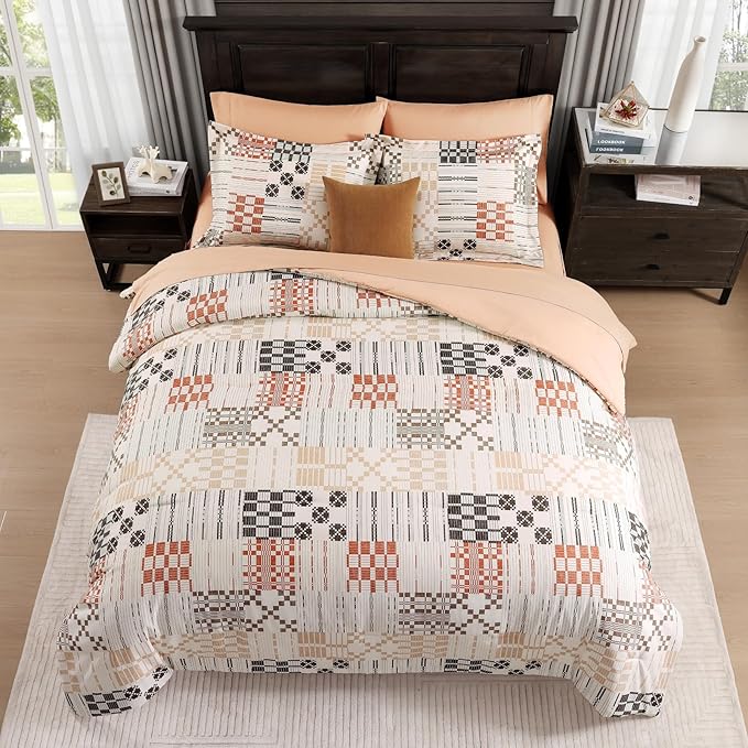 MaiRêve Queen Comforter Set, Classic Plaid Farmhouse Bedding Sets 7 Pieces, Beige All Season Bed in A Bag with Sheets, Pillowcases & Shams