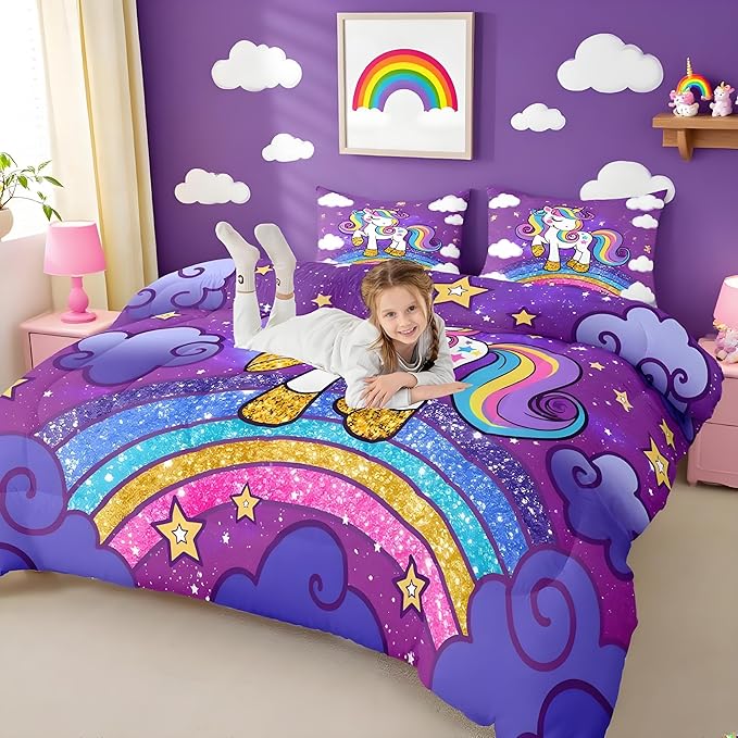 Feelyou Unicorn Bedding King Bed Sets for Girls Purple Cute Unicorn Comforter for Girls Comforter Set Star Print Kawaii Duvet Quilt Bedroom Decor Rainbow Bedding Cartoon Quilt,All Season