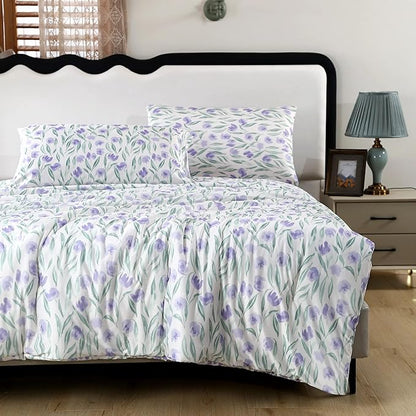 SDIII Purple Floral Comforter Set Full 3 Pieces, Silky Breathable Microfiber and Spandex, Purple Floral Bedding Full for Girls Boys Kids Teens