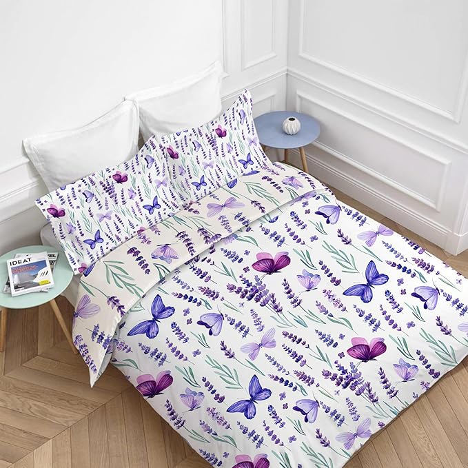 Lavender Bedding Set 3 Pieces Twin Size Purple Butterfly Duvet Cover Comforter Cover Sets with 2 Pillowcases for Boys Girls Teens Women