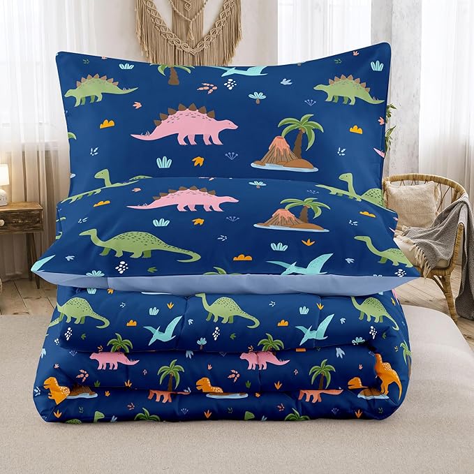 Peopleareok Dinosaur Comforter Set Full (79x90 Inch), 3 Pieces Dark Blue Dinosaur Bedding Set for Boys Teens, Super Soft Lightweight Dinosaurs Print Comforter Sets for All Seasons