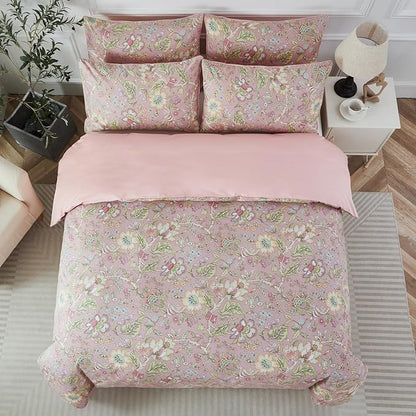 URBONUR Floral Duvet Cover Queen 100% Cotton Botanical Garden Flower Printed Bedding Reversible Pink Branches Leaves Pattern Comforter Covers French Country Bedding
