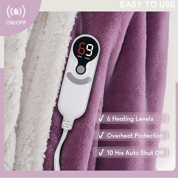 Heated Blanket Electric Blanket Full Size 72''x84'', Soft Flannel Heating Blanket with 1-10 Hour Auto Off - 6 Heat Settings - Machine Washable - Purple