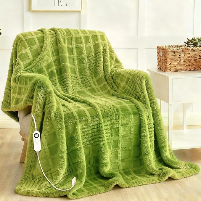 Heated Blanket Electric Throw, 50"X60" Heating Blanket Waffle with 12 Heat Levels, Fast Heating Blanket with 1-12H Timer, Overheat Protection with ETL & FCC for Bed Home Office Sofa (Tender Green）
