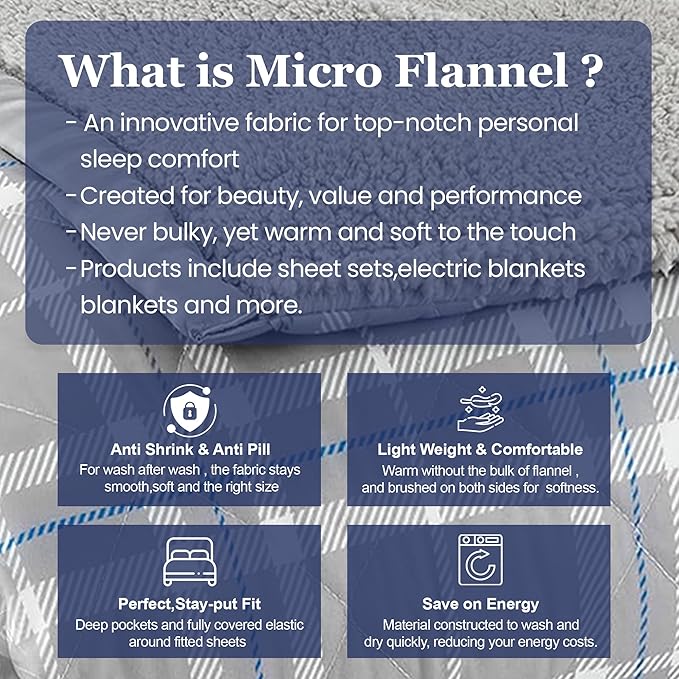 Thermee Micro Flannel Heated Blanket With Sherpa Back, 10-Setting Electric Full Size, Programmable, Ultra-Soft Throw, Heating Thermal - Fashion Plaid Gray