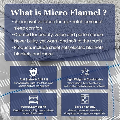 Thermee Micro Flannel Heated Blanket With Sherpa Back, 10-Setting Electric Full Size, Programmable, Ultra-Soft Throw, Heating Thermal - Fashion Plaid Gray