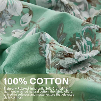 Floral Duvet Cover King Size Soft 100% Nature Cotton Vintage Style Green Bedding Set with Zipper Closure 3 Pcs Cottagecore Botanical Duvet Covers, Ultra Soft, Breathable