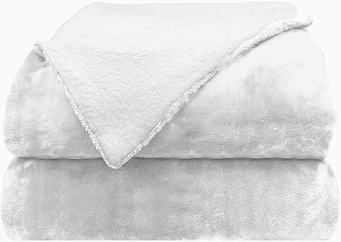Comfort Lab Reversible Flannel Sherpa Throw Blanket - Elegant Fluffy Throw Blankets for Couch and Home Decor - Anti Pilling Non Shedding Cozy & Warm Fleece Throws - Oversize Throw (60" x 70") - White