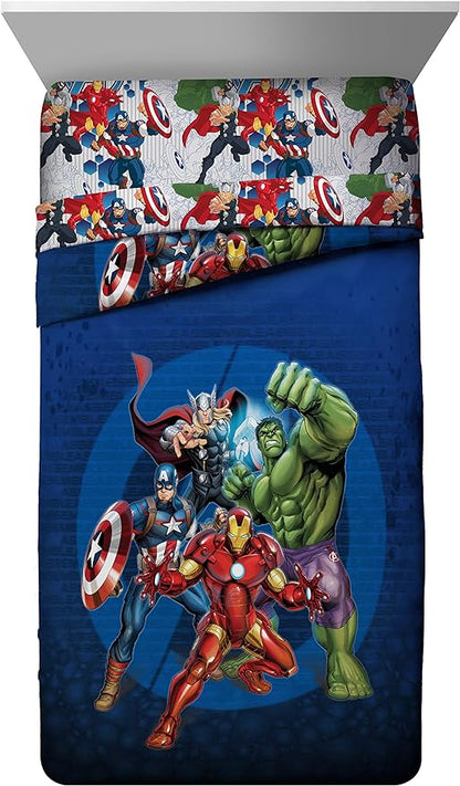 Marvel Avengers Blue Circle 4 Piece Twin Bed Set - Includes Reversible Comforter & Sheet Set - Super Soft Fade Resistant Polyester (Official Marvel Product)