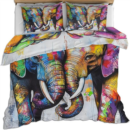 Elephant Duvet Cover Twin Size, Elephant Cuddling Up Bedding Set 2 Piece Kids and Adults Colorful Graffiti Art Comforter Cover with Zipper Ties & 1 Pillowcases