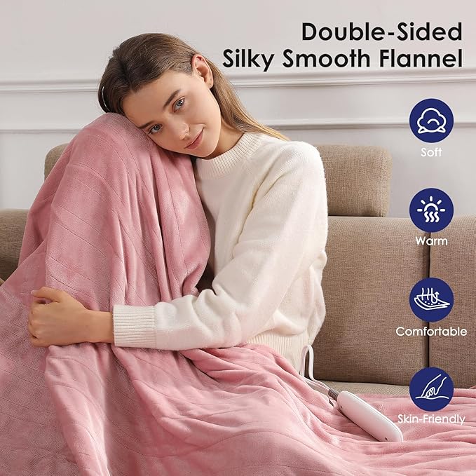 Pink Heated Blanket Full Size Electric Blanket with 5 Heating Level & 10 Hour Timer, Upgraded Flannel Lightweight but Warmer, ETL Certified & Overheat Protection, Gifts for Grandma(Dusty Pink)