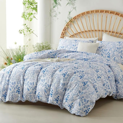 Blue Floral Duvet Cover Twin 2Pcs Botanical Flower Bedding Set Soft Microfiber Cottagecore Flowers Duvet Cover Set with 1 Pillowcase(No Comforter)