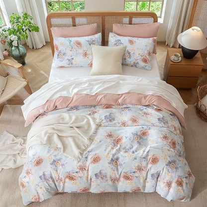 King Size Duvet Cover Set Floral Luxury Soft Brushed Microfiber Crinkle Gauze Fabric 3 Pieces Bedding Set Flower Pattern Duvet Cover King with Zipper Closure Breathable Comfy