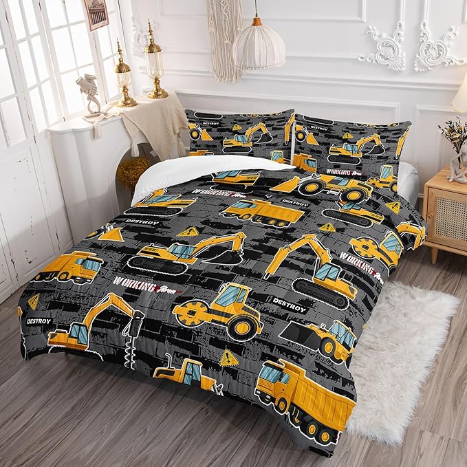 Truck Comforter Set Crane Excavator Engineering Vehicle Printed Bedding Set with 1 Comforter and 2 Pillowcases for Boys and Girls Bedroom All Season(Truck Full)