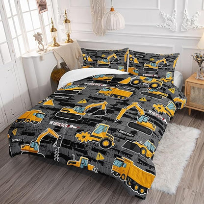 Truck Comforter Set Crane Excavator Engineering Vehicle Printed Bedding Set with 1 Comforter and 2 Pillowcases for Boys and Girls Bedroom All Season(Truck Queen)