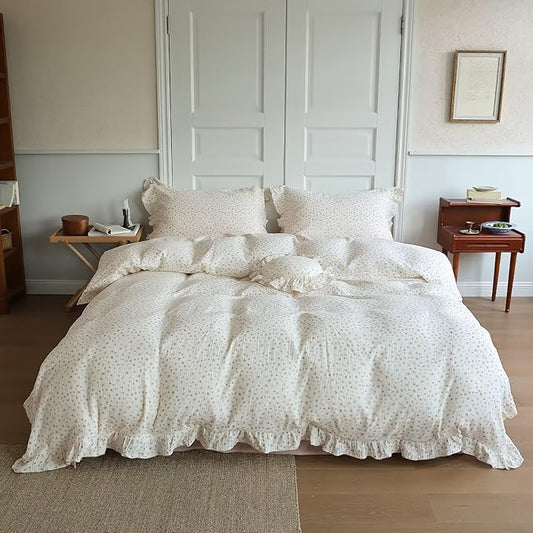 BuLuTu Pink Floral Duvet Cover King with Ruffles, 2-Layer Cotton Muslin Bedding Set Soft Breathable Comforter Cover, Shabby Chic Princess Quilt Cover with 2 Pillowcases