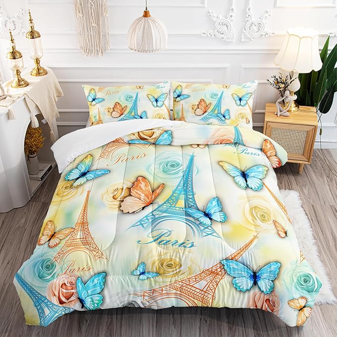 Paris Eiffel Tower Themed Bedding Butterfly Comforter 3Pcs Full Tie Dye Rose Colorful Pattern Bedding Set for Teen Girl Boy Bed Decor Romantic Building Quilt with 1 Comforter and 2 Pillowcases