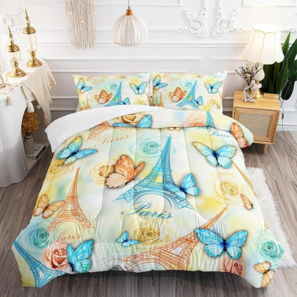Paris Eiffel Tower Themed Bedding Butterfly Comforter 3Pcs Full Tie Dye Rose Colorful Pattern Bedding Set for Teen Girl Boy Bed Decor Romantic Building Quilt with 1 Comforter and 2 Pillowcases
