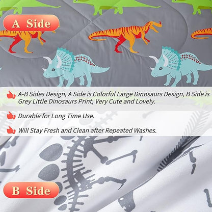 RYNGHIPY Dinosaur Kids Comforter Set Cartoon Dinosaur Bedding Sets for Boys 3 Pieces Full Microfiber Comforter with Pillowcases Soft Lightweight (Dark Grey,Full)