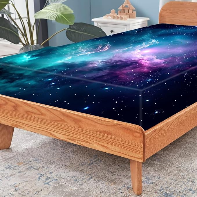 Blue Galaxy Sheet Set Twin: Space Bedding Set for Kids Teens Girls Boys Cloud Starry Sky Bedroom Bed - 1 Flat Sheet, 1 Fitted Sheet, 1 Pillowcase