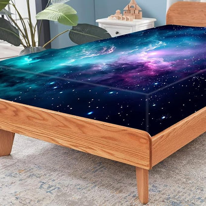 Blue Galaxy Sheet Set: Space Bedding Set Full/Queen Size for Women Kids Teens Girls Boys Cloud Starry Sky Bedroom Bed - 1 Flat Sheet, 1 Fitted Sheet, 2 Pillowcases
