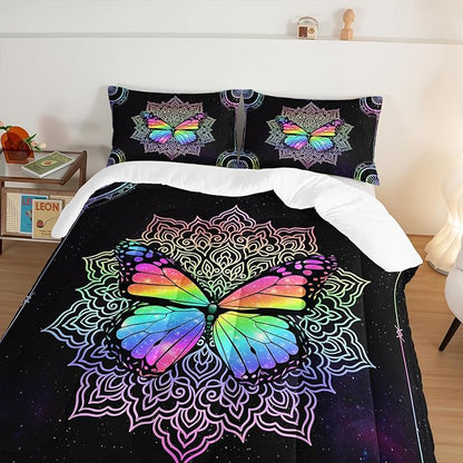 HOSIMA Butterfly Bedding for Girls,Mandala Bed in a Bag Queen Comforter Set - Colorful Butterfly Design,Galaxy Bedding Set for Beds,Microfiber Star Comforter with 2 Pillowcases,Dorm Room Essentials.