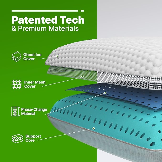 GhostBed Medium Firm Cooling Memory Foam Pillows - Queen Size Set of 2, Ventilated with Washable Cover - Ideal Bed Pillows for Stomach, Back, and Side Sleepers - Premium Cooling Pillows 2 Pack