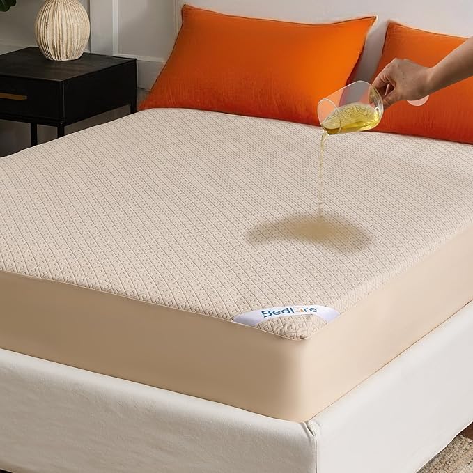 BEDLORE Twin Size Mattress Protector, Waterproof Noiseless Mattress Cover with Stretchable Pockets for 6-15 inches Mattress, Soft Breathable Mattress Pad for College Dorm (Beige)