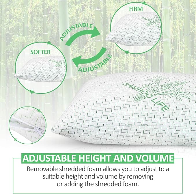 Elif Queen Size Pillows for Sleeping, Set of 2 – Cooling Shredded Memory Foam Pillow with Removable Cover for Back, Stomach & Side Sleepers, Rayon Derived from Bamboo, Queen (2 Pack)