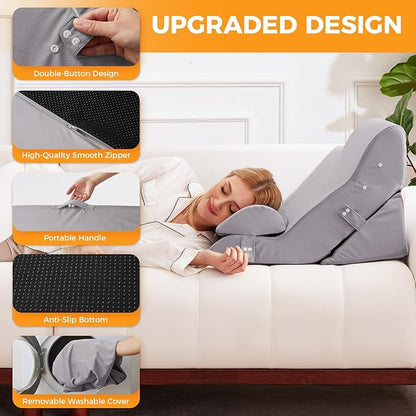 4PCS Wedge Pillow Set for After Surgery, 10-in-1 Adjustable Wedge Pillow for Acid Reflux Relief, Bed Wedge Pillows for Sleeping, Snoring & Back Pain Relief, Sit up Pillow for Bed, Plush Grey