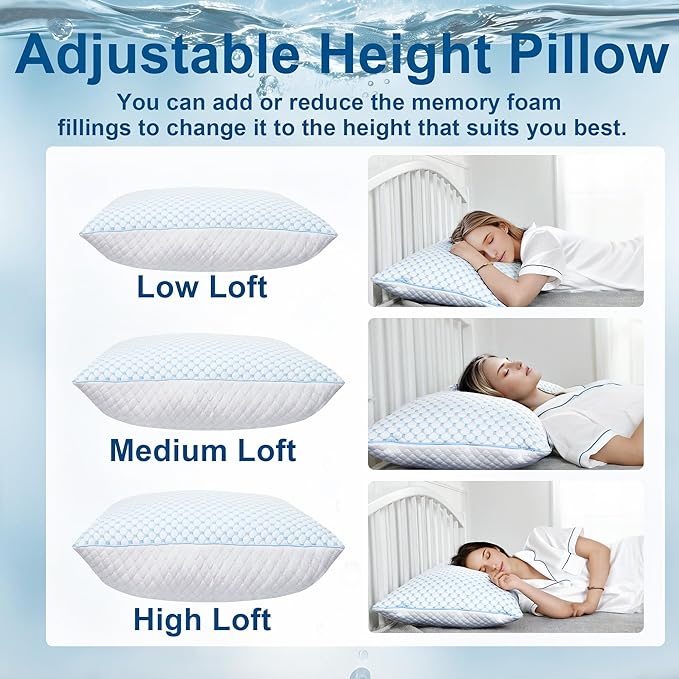 XWZO Cooling Pillow for Sleeping King Size Set of 1, Shredded Memory Foam Pillows Adjustable Gel Bed Pillows for Side Back Stomach Sleepers with Washable Removable Cover