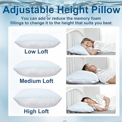 XWZO Cooling Pillow for Sleeping King Size Set of 1, Shredded Memory Foam Pillows Adjustable Gel Bed Pillows for Side Back Stomach Sleepers with Washable Removable Cover