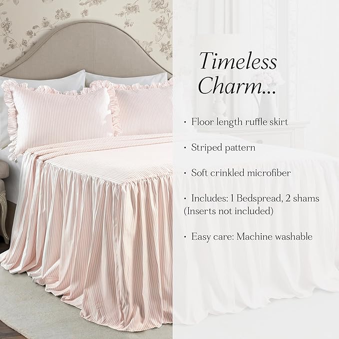 Lush Decor Ticking Stripe Bedspread Queen Size 3 Piece Set Blush - Ruffle Bedding Set Queen Bedspreads - Striped Bedding - Farmhouse & Coquette Decor