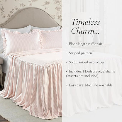 Lush Decor Ticking Stripe Bedspread Queen Size 3 Piece Set Blush - Ruffle Bedding Set Queen Bedspreads - Striped Bedding - Farmhouse & Coquette Decor