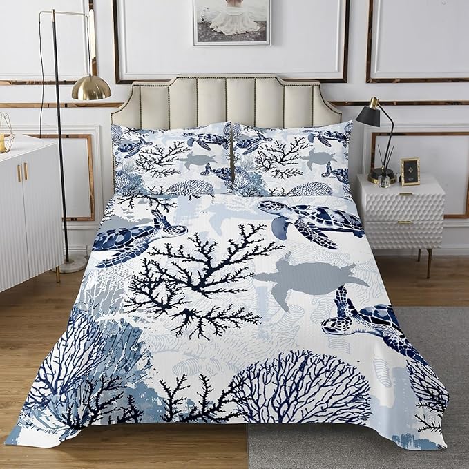 Sea Turtle Bedspread King Kids Hawaiian Ocean Marine Reptile Bedding Set For Women Men Bedroom Turtle Tortoise Decor Coverlet Set Beach Sea Underwater Creature Quilt Set For All Season, White Blue
