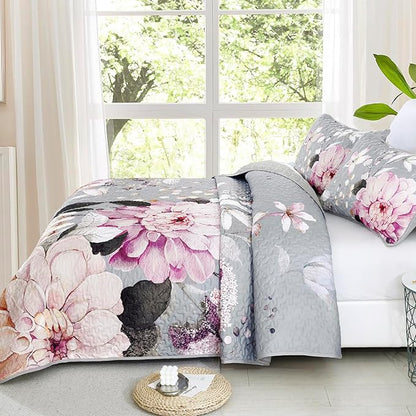 Drucon Floral Quilt King Size - 3 Pieces Grey Quilt Botanical Bedspread Soft Lightweight Flower Bedding Set for All Season (104"x90")