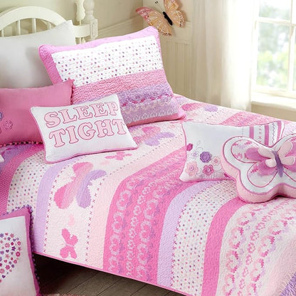 Cozy Line Home Fashions Cute Pink Butterfly Stripe Hearts 100% Cotton Soft Bedding Quilt Set, Coverlet, Bedspread (Queen - 3 Piece)