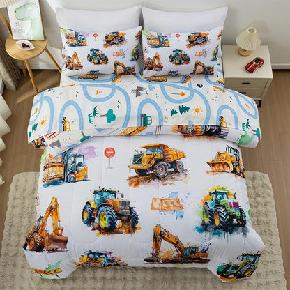 Holawakaka Trucks Tractors Cars Boy Bedding Comforter Set with Sheets, Full Size Cartoon Construction Car Excavator Print Kids Bed in A Bag 5-Piece, Boys Reversible Dorm Bed Sets (Multi Full)