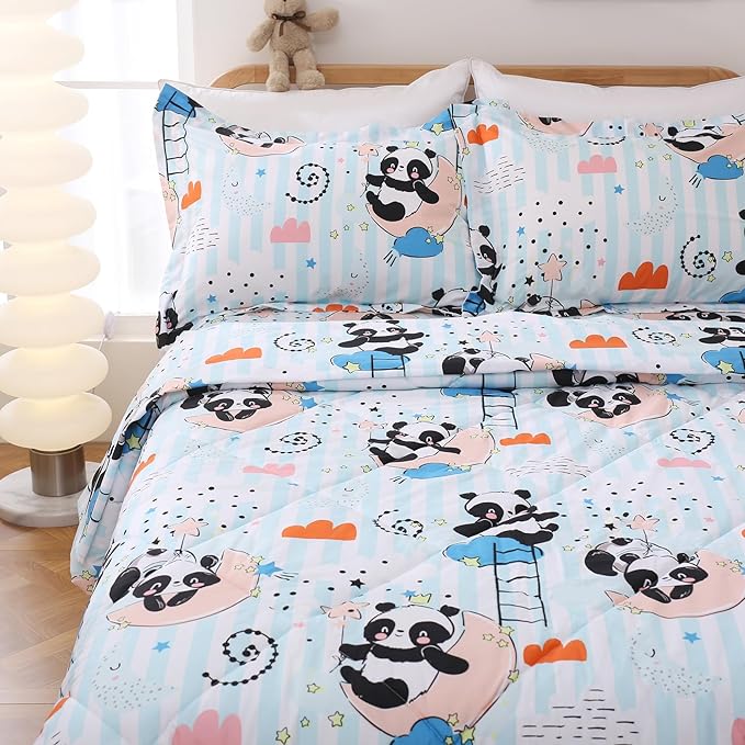 JSD Blue Panda Kids Comforter Set Full Size, 3 Piece Moon Microfiber Comforter with Pillow Shams, Machine Washable