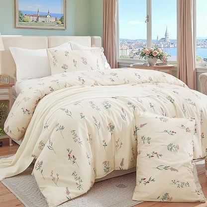 Cream Duvet Cover Set King Size 100% Washed Cotton Linen Like Textured Comforter Cover 3 Pcs Luxury Soft and Breathable Floral Duvet Cover with Zipper Closure