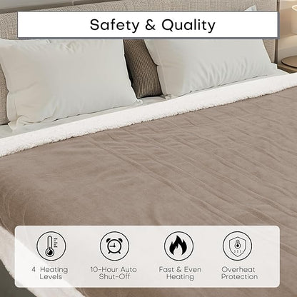 Electric Heated Blanket Twin Size 62"x84" - Dual-Sided with Microplush & Sherpa Fabric, 4 Heat Settings & 10 Hours Auto Off, Machine Washable - Light Brown