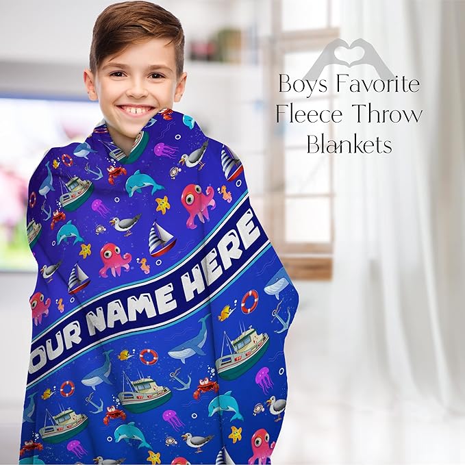 Blanket for Kids | Custom Marine Animals Fleece Throw | Blue Kids Throw | Baby Girl Blanket | Ocean Gifts (60x80 Fleece - V1)