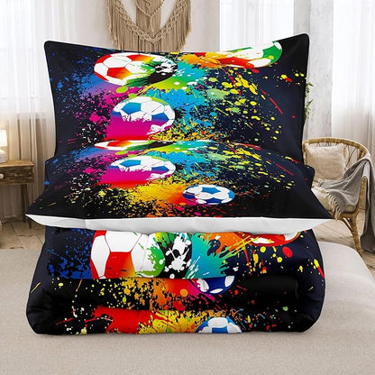 Bodhi Boys Sports Bedding Set Twin Size,Rainbow Graffiti Soccer Comforter Set Twin,Football Comforter Set for Boys Kids Teens Matching Pillowcases,Teen Kids Bedding Set Twin