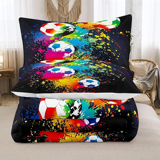 Bodhi Boys Sports Comforter Set - Queen Size, Rainbow Graffiti Football Theme for Kids & Teens, Matching Pillowcases Included