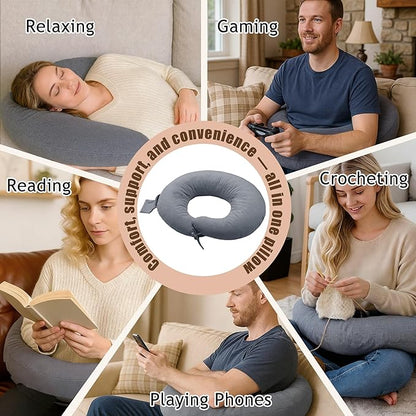 XWZO Reading Pillow for Gaming, Crocheting or Playing with Strong Arm Support, Gaming Pillow for Arm Rest When Sitting in Bed & Sofa, Lap Pillow Swen with Tiebacks and Side Pocket, Grey