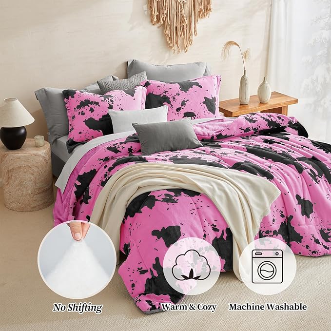 Petrichor Velvet Flannel Queen Comforter Set-Cow Print Western Style Blanket,Luxury Fuzzy Heavy Bedding Set, 3 Pieces Plush Winter Bed Set with Comforter (90"x90") & 2 Pillow Shams (20"x26")