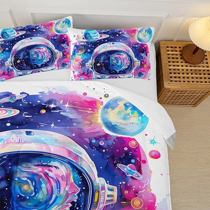 Kids Pink and Blue Astronaut Galaxy Comforter Set Twin，Outer Space Themed Twin Size Bedding Set，with 1 Comforter with 2 Pillow Case，Astronaut Bedroom Decor for Boys